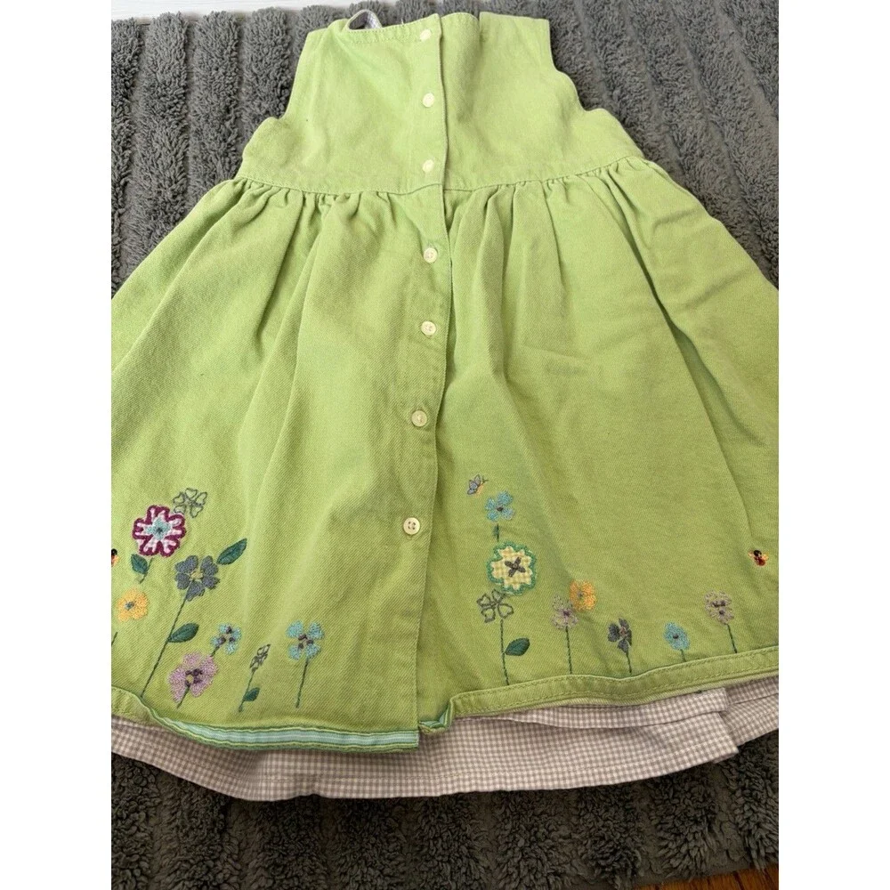 VTG Baby Gap Lime Green Heavy Cotton Denim Dress Floral Embroidered Lined Y2K 2T